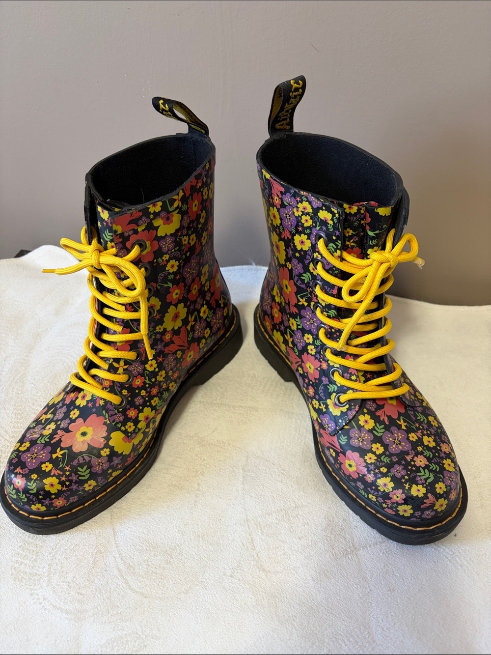 Floral Lace-Up Combat Rain Boots with Bright Yellow Laces Rubber
